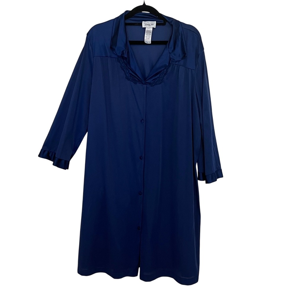 Vanity Fair Navy Blue Nylon Long Sleeve Nightshirt Pockets - Size Large